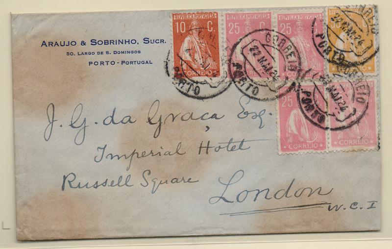 2203.jpg -     Lote:    2203      Lotes pelo Correio       Portugal       Descrição:         1912/22 &mdash; Ceres. Sobrescrito circulado do porto (22.05.24) para Londres com selos de 10c, 4x25c e 50c, CE215, 255 e 244.         Carta       Valor Base:     &euro; 12,00     Valor Venda:     &euro; 12,00       