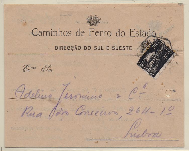 2207.jpg -     Lote:    2207      Lotes pelo Correio       Portugal       Descrição:         1923 &mdash; Ceres. Circular dos Caminhos de Ferro do Estado circulado em Lisboa (06.04.26) com selo de 15C CE253. Furos de arquivo         DOC       Valor Base:     &euro; 5,00     Valor Venda:     &euro; 5,00       