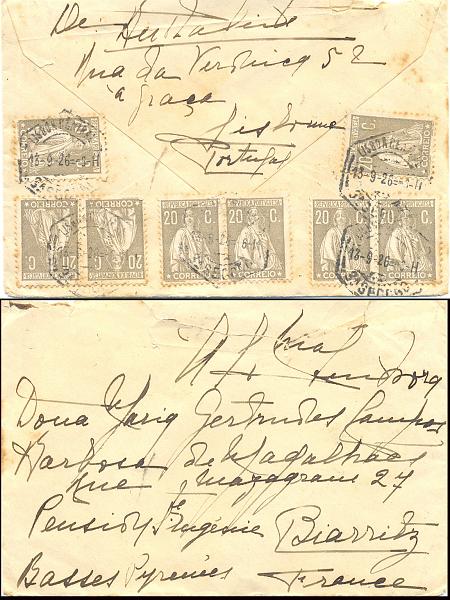 2211.jpg -     Lote:    2211      Lotes pelo Correio       Portugal       Descrição:         1926 &mdash; Ceres. Novas taxas e cores. 8 selos 20 c, cinzento (CE280), sobre sobrescrito enviado de Lisboa ( 13-9-26) para Biarritz (France). Sem marca de chegada.         Carta       Valor Base:     &euro; 10,00     Valor Venda:     &euro; 22,00       
