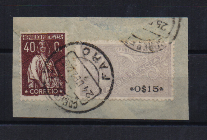 2212.jpg -     Lote:    2212      Lotes pelo Correio       Portugal       Descrição:         1924/26 &mdash; Ceres + Estampilha fiscal. CE283, 40C chocolate + estampilha fiscal de 0$15 (a servir de selo de recurso do imposto postal", sobre fragmento.         FRG       Valor Base:     &euro; 3,00     Valor Venda:     Retirado     