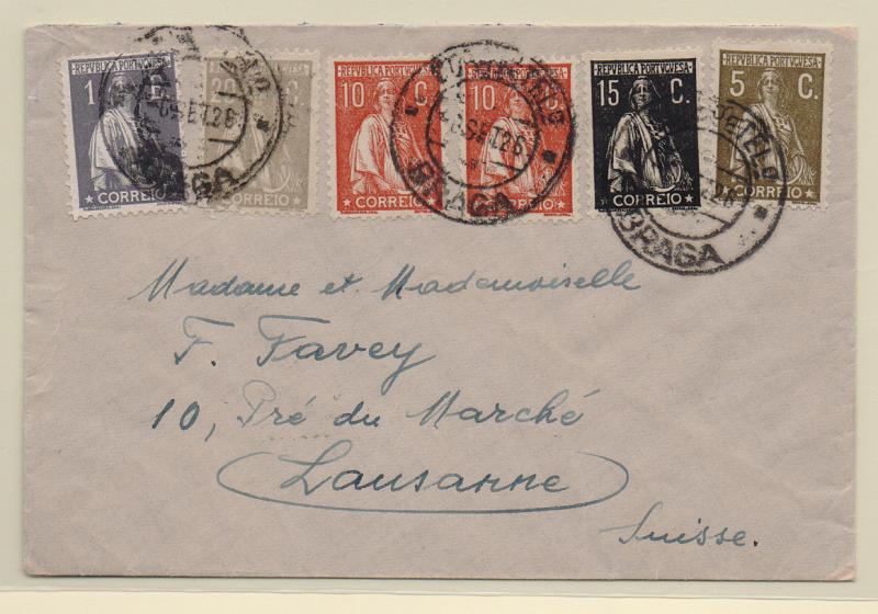 2214.jpg -     Lote:    2214      Lotes pelo Correio       Portugal       Descrição:         1912/26 &mdash; Ceres. Sobrescrito circulado de Braga (06.09.26) para a Suiça, com selos de 5c, 2x10c, 15c, 20c e 1E, CE215, 227, 253, 280 e 288.         Carta       Valor Base:     &euro; 12,00     Valor Venda:     &euro; 12,00       