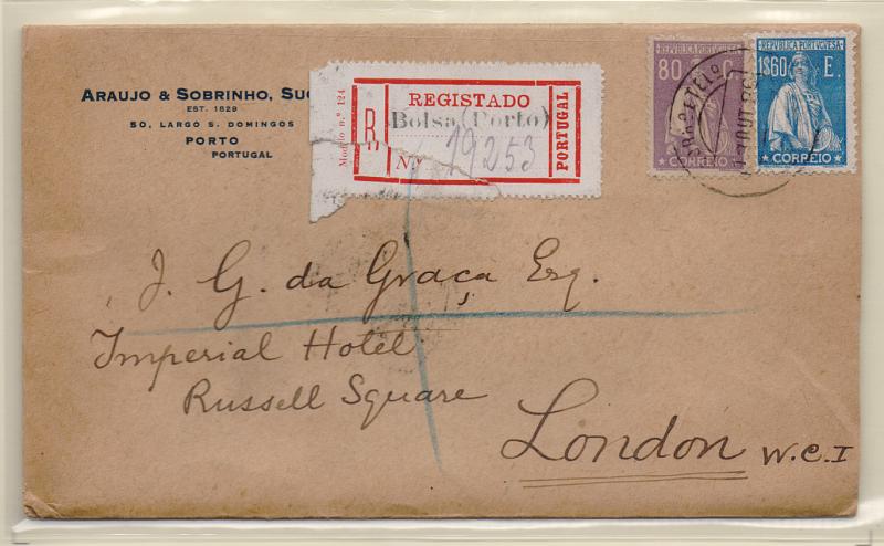 2215.jpg -     Lote:    2215      Lotes pelo Correio       Portugal       Descrição:         1926 &mdash; Ceres. Sobrescrito circulado registado do Porto (12.10.26) para Londres com selos de 80C e 1$60. CE286 e 291.         Carta       Valor Base:     &euro; 10,00     Valor Venda:     &euro; 10,00       