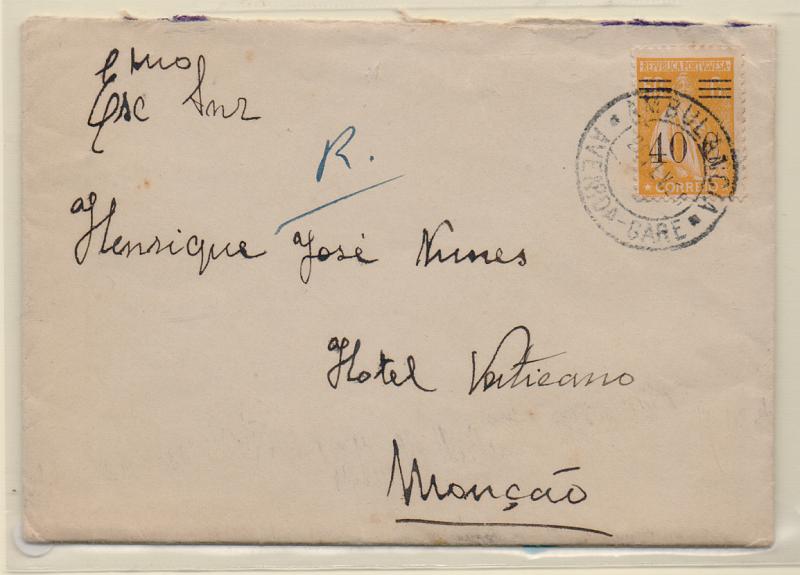 2232.jpg -     Lote:    2232      Lotes pelo Correio       Portugal       Descrição:         1928/29 &mdash; Ceres, com sobretaxa. CE470, 40C s/ 50C amarelo, em sobrescrito circulado da Avenida-Gare (20.02.28 para Monção.         Carta       Valor Base:     &euro; 20,00     Valor Venda:     &euro; 20,00       