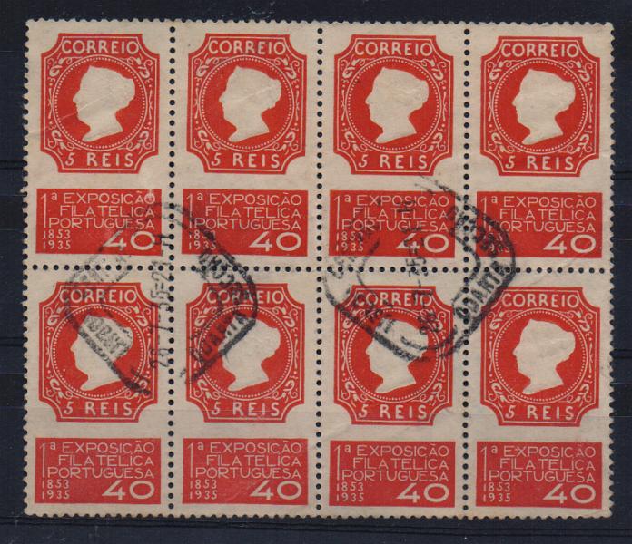 2254.jpg -     Lote:    2254      Lotes pelo Correio       Portugal       Descrição:         1935 &mdash; 1.ª Exposição Filatélica Portuguesa. CE564. $40 vermelho. Bloco de 8 selos usados.         O       Valor Base:     &euro; 3,00     Valor Venda:     &euro; 3,00       