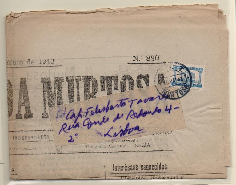 2255.jpg -     Lote:    2255      Lotes pelo Correio       Portugal       Descrição:         1935/36 &mdash; Templo de Diana. Jornal "Concelho de Murtosa" circulado de Murtosa (20.05.43) com selo de 5C azul CE566.         JRN       Valor Base:     &euro; 6,00     Valor Venda:     Retirado     