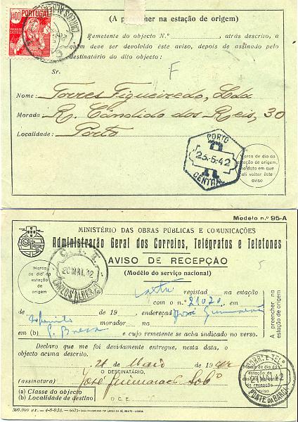 2267.jpg -     Lote:    2267      Lotes pelo Correio       Portugal       Descrição:         1941 &mdash; Costumes Portugueses (1ª emissão). Selo de 1$00 (CE614) em impresso da Administração Geral dos Correios, Telégrafos e Telefones (Modelo nº 95-A- Aviso de Recepção), registado circulado a 20.MAI.42 ( Carlos Alberto) para Ponte da Barca (21.MAI.42) e retorno.         Carta       Valor Base:     &euro; 5,00     Valor Venda:     Retirado     