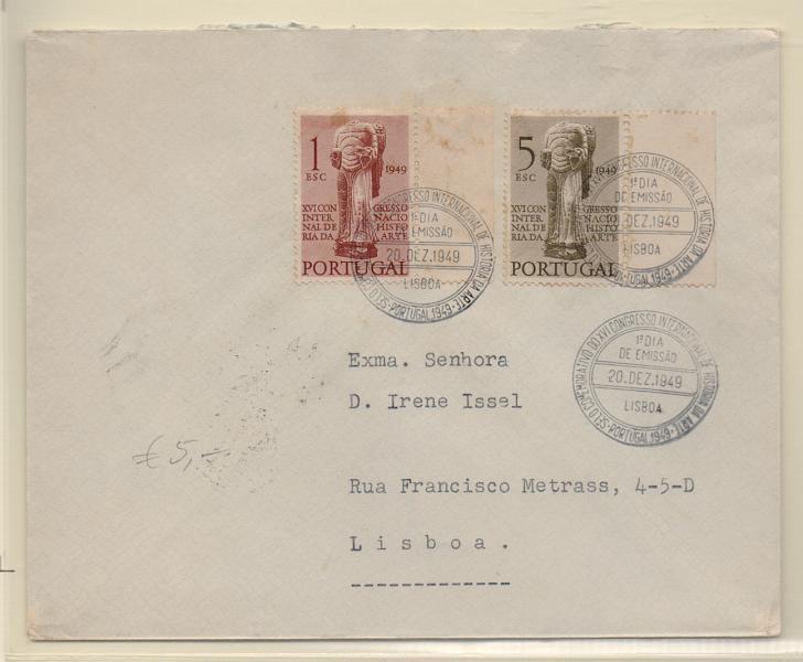2281.jpg -     Lote:    2281      Lotes pelo Correio       Portugal       Descrição:         1949 &mdash; 16.º Congresso Internacional da História da Arte. CE713/714. Série completa em sobrescrito de 1.º dia de circulação de Lisboa.         FDC       Valor Base:     &euro; 5,00     Valor Venda:     &euro; 9,00       