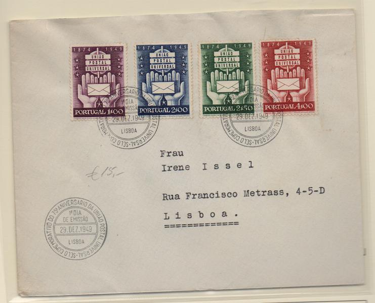 2282.jpg -     Lote:    2282      Lotes pelo Correio       Portugal       Descrição:         1949 &mdash; 75.º Aniversário da UPU. CE715/718. Série completa em sobrescrito de 1.º dia de circulação de Lisboa. Valor de catálogo &euro; 73,60.         FDC       Valor Base:     &euro; 10,00     Valor Venda:     &euro; 14,00       