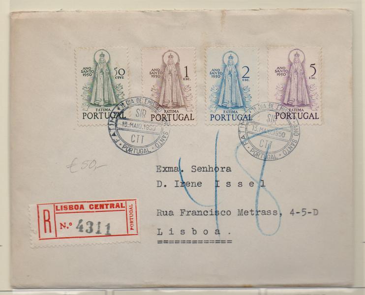 2285.jpg -     Lote:    2285      Lotes pelo Correio       Portugal       Descrição:         1950 &mdash; Ano Santo. CE719/722. Série completa em sobrescrito de 1.º dia de circulação registado do SIR. Valor de catálogo &euro; 290,00.         FDC       Valor Base:     &euro; 60,00     Valor Venda:     Retirado     