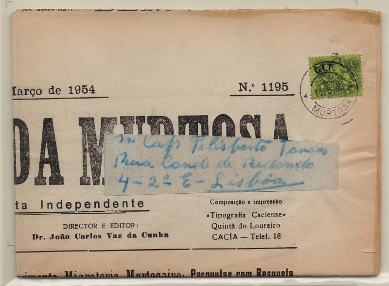 2296.jpg -     Lote:    2296      Lotes pelo Correio       Portugal       Descrição:         1953 &mdash; Cavaleiro Medieval. Jornal "Concelho de Murtosa" circulado de Murtosa (12.03.54) com selo de 5C CE763.         JRN       Valor Base:     &euro; 6,00     Valor Venda:     Retirado     