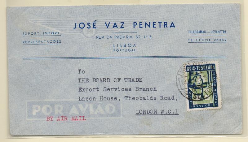 2299.jpg -     Lote:    2299      Lotes pelo Correio       Portugal       Descrição:         1950 &mdash; 150.º Aniversário do Colégio Militar. CE801, 3$50 em sobrescrito circulado de lisboa (20.01.55) para Londres.         Carta       Valor Base:     &euro; 5,00     Valor Venda:     Retirado     