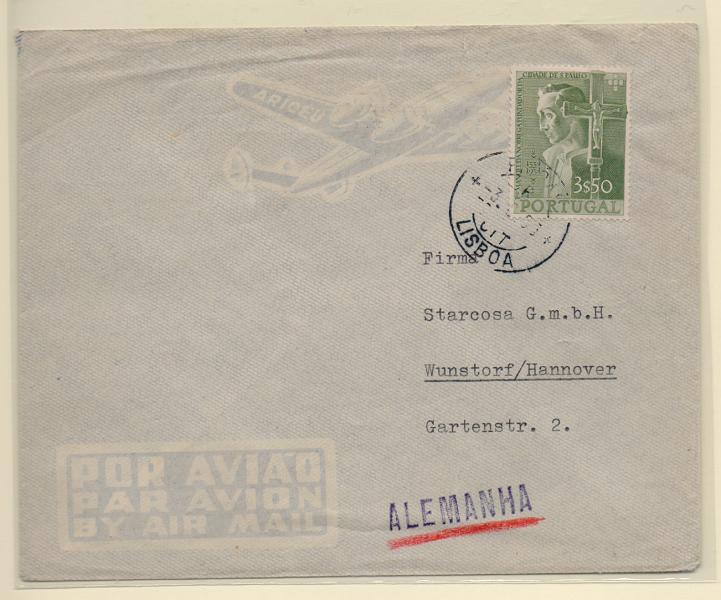 2300.jpg -     Lote:    2300      Lotes pelo Correio       Portugal       Descrição:         1954 &mdash; 4.º Centenário da Cidade de S. Paulo. CE804, 3$50 em sobrescrito circulado de Lisboa (03.09.55) para a Alemanha.         Carta       Valor Base:     &euro; 5,00     Valor Venda:     Retirado     
