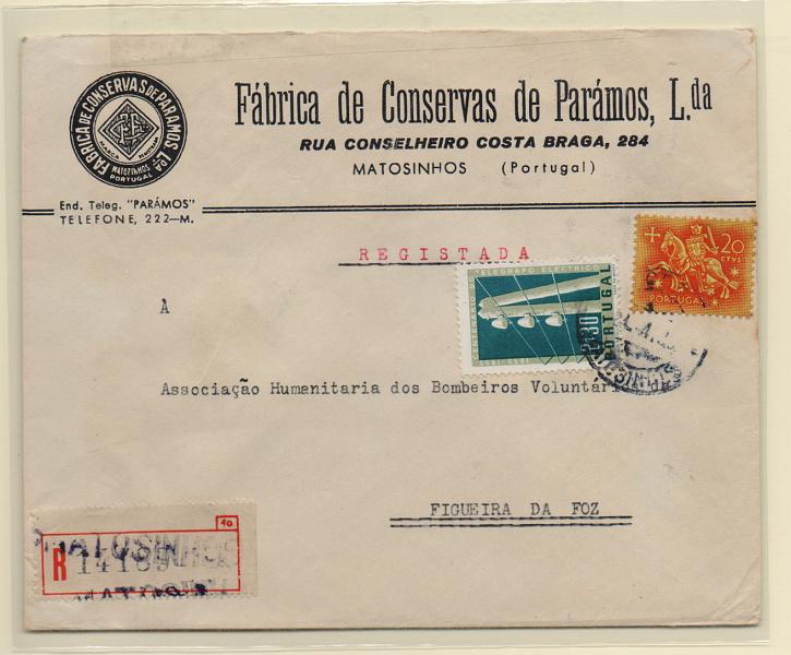 2303.jpg -     Lote:    2303      Lotes pelo Correio       Portugal       Descrição:         1955 &mdash; 1.º Centenário do Telégrafo + Cavaleiro Medieval. Sobrescrito circulado registado com selos de 2$30 CE816 e $20. MB.         Carta       Valor Base:     &euro; 5,00     Valor Venda:     Retirado     