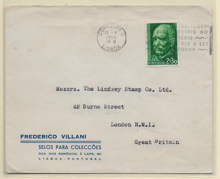 2306.jpg -     Lote:    2306      Lotes pelo Correio       Portugal       Descrição:         1956 &mdash; Centenário do nascimento de Ferreira da Silva. CE820, 2$30 em carta publicitária do comerciante filatélico Frederico Villani, circulado de Lisboa (15.05.56) para a Grã Bretanha.         Carta       Valor Base:     &euro; 5,00     Valor Venda:     Retirado     