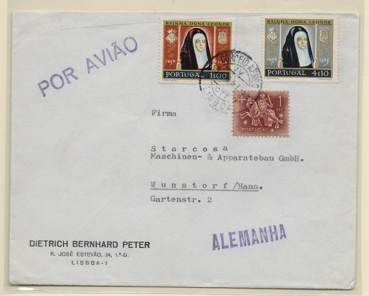2317.jpg -     Lote:    2317      Lotes pelo Correio       Portugal       Descrição:         1958 &mdash; 5.º Centenário do nascimento de D. Leonor. Sobrescrito circulado com selos de 1$00 e 4$10 CE843 e 846, de Lisboa para a Alemanha.         Carta       Valor Base:     &euro; 5,00     Valor Venda:     Retirado     