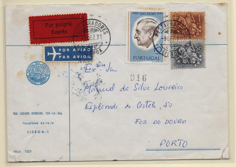 2326.jpg -     Lote:    2326      Lotes pelo Correio       Portugal       Descrição:         1971 &mdash; Presidente Salazar. CE1108, 10E em sobrescrito "Por próprio" circulado de Lisboa (09.12.71) para o Porto.         Carta       Valor Base:     &euro; 5,00     Valor Venda:     Retirado     