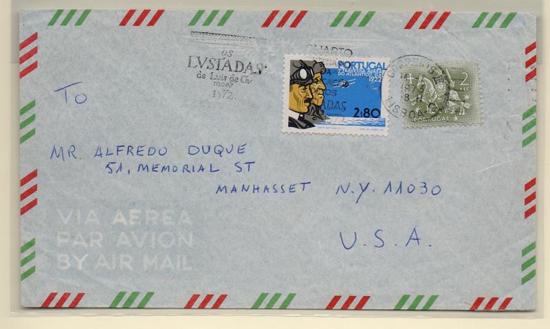 2327.jpg -     Lote:    2327      Lotes pelo Correio       Portugal       Descrição:         1972 &mdash; Cinquentenário da Travessia Aérea de lisboa &mdash; Rio de Janeiro. CE1173 em sobrescrito circulado de Lisboa (14.7.1973) para os EUA.         Carta       Valor Base:     &euro; 5,00     Valor Venda:     Retirado     