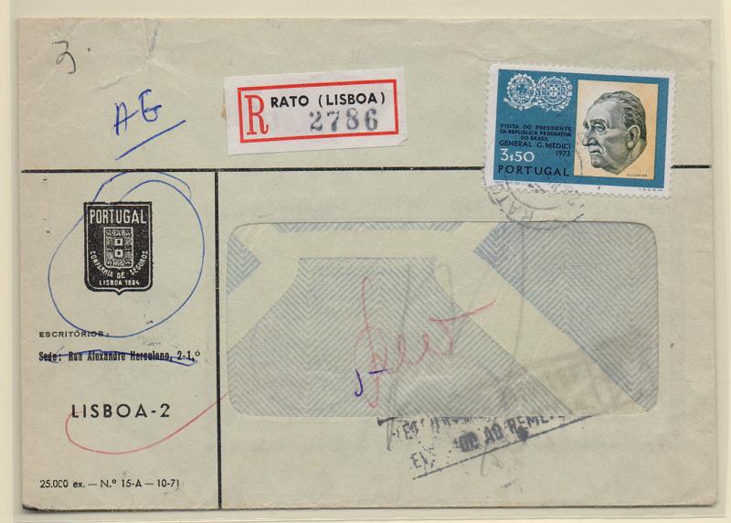 2329.jpg -     Lote:    2329      Lotes pelo Correio       Portugal       Descrição:         1973 &mdash; Visita do presidente Médici a Portugal. CE1186, 3$50 em sobrescrito circulado registado do Rato / Lisboa         Carta       Valor Base:     &euro; 5,00     Valor Venda:     Retirado     