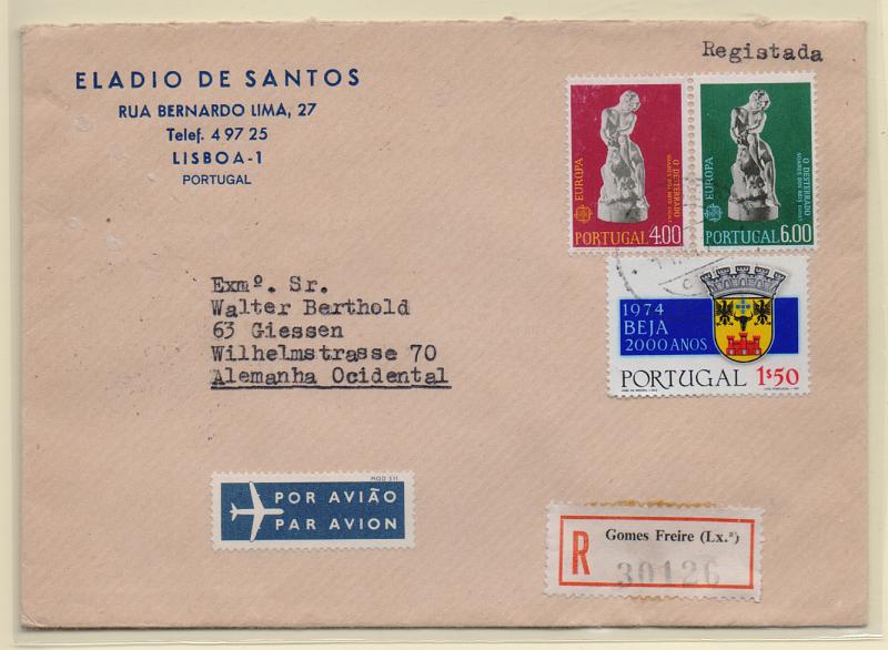 2330.jpg -     Lote:    2330      Lotes pelo Correio       Portugal       Descrição:         1974 &mdash; Europa. Sobrescrito circulado registado de Lisboa (11.11.75) para a Alemanha com selos de 4$00 e 6$00 CE1210/1211.         Carta       Valor Base:     &euro; 5,00     Valor Venda:     Retirado     