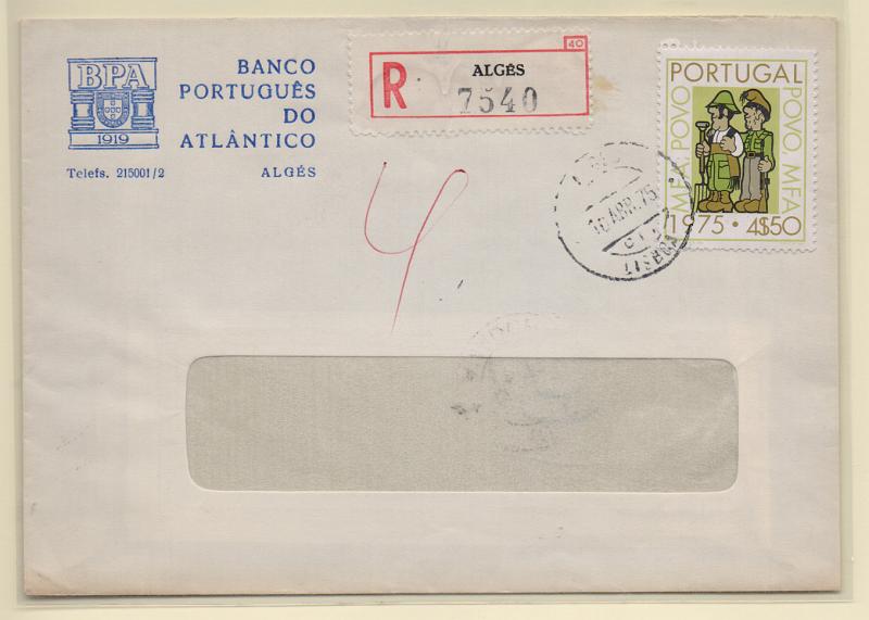 2331.jpg -     Lote:    2331      Lotes pelo Correio       Portugal       Descrição:         1975 &mdash; Dinamização Cultural. CE1244, 4$50 em sobrescrito circulado registado de Algés / Lisboa (10.04.75).         Carta       Valor Base:     &euro; 5,00     Valor Venda:     &euro; 5,00       
