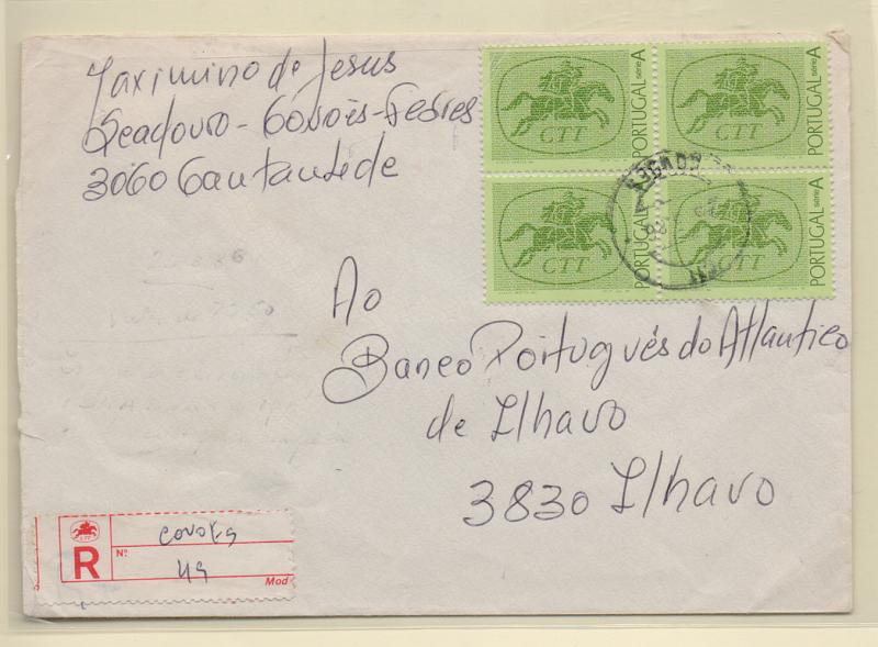 2344.jpg -     Lote:    2344      Lotes pelo Correio       Portugal       Descrição:         1985 &mdash; Série A. Selo sem taxa. CE1744. Sobrescrito circulado registado de Covões (26.03.85) para Ilhavo com quatro selos sem taxa.         Carta       Valor Base:     &euro; 4,00     Valor Venda:     &euro; 4,00       