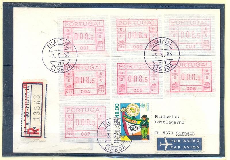 2355.jpg -     Lote:    2355      Lotes pelo Correio       Portugal       Descrição:         Sobrescrito Registado com 7 FRAMA, na taxa de 08.5 (vermelho), uma de cada máquina ( 1 a 7) e como complemento de porte o selo Europa/Folclore CE 1520, circulado para a Suíça. Etiqueta de Registo nº 56 (Filatelia) e marca de dia ( 3.5.83) da Filatelia. Carimbo de chegada no verso de Sirnach de 9-5.83.         Carta       Valor Base:     &euro; 50,00     Valor Venda:     Retirado     