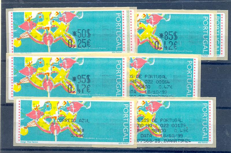 2364.jpg -     Lote:    2364      Lotes pelo Correio       Portugal       Descrição:         1996 &mdash; Brinquedos Populares &mdash; Galinhas. Máquina Crouzet. CE ETQ10B. Dupla afixação de taxa. 3 etq de correio normal ( taxas 50$/0,25&euro;; 85$/0,42&euro;;95$/0,47&euro;)+ 1 etq correio azul (taxa 98$/0,49&euro;). Cada etq com recibo individual datado de 18/10/99. Valor de catálogo &euro; 242,00         ETQ       Valor Base:     &euro; 25,00     Valor Venda:     Retirado     