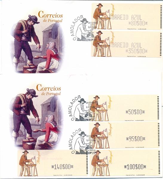 2369.jpg -     Lote:    2369      Lotes pelo Correio       Portugal       Descrição:         Lote de 2 FDC's não circulados com etiquetas de 1999 CE18 &mdash; "O Amolador", um com a série ordinária e outro com a série de Correio Azul. Valor de catálogo &euro; 31,00.         FDC       Valor Base:     &euro; 5,00     Valor Venda:     &euro; 5,00       
