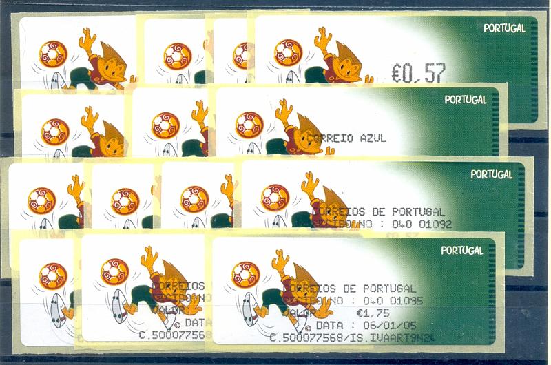 2381.jpg -     Lote:    2381      Lotes pelo Correio       Portugal       Descrição:         2004 &mdash; UEFA "Euro 2004". Máquina Crouzet. CE ETQ28. Taxa em euros para o ano 2005. Série com taxas de 0,30 , 0,46, 0,48, 0,57 e 0,74 de correio ordinário e taxas de 0,45 e 1,75 de correio azul com respectivos recibos. Valor de catálogo &euro; 28,00.         ETQ       Valor Base:     &euro; 5,00     Valor Venda:     &euro; 5,00       