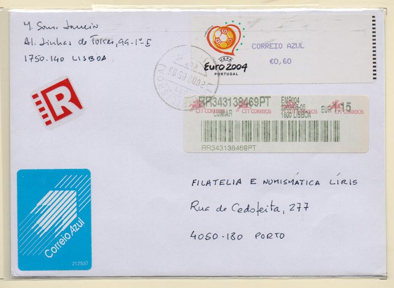 2385.jpg -     Lote:    2385      Lotes pelo Correio       Portugal       Descrição:         2002 &mdash; Euro 2004. CE ETQ26 (CROUZET). Sobrescrito circulado registado de Lisboa (06.05.2003) para o Porto com etiqueta do Correio Azul de &euro;0,60.         Carta       Valor Base:     &euro; 6,00     Valor Venda:     Retirado     