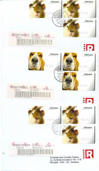 2408.jpg -     Lote:    2408      Lotes pelo Correio       Portugal       Descrição:         Lote de 3 FDC's circulados e registados com etiquetas de 2005 &mdash; "Animais Domésticos". Etiquetas SMD (cão)/taxas 0,30-0.46-0.74+0,05 suplemento na etiq. Registo, expedido da Amadora; etiquetas SMD (cobaia)/ taxas 0,30-0.46-0.74+0,05 suplemento na etiq. Registo, expedido da Amadora; etiquetas E-Post (cobaia)/ taxas 0.46-0.48-0.57+0,04 suplemento na etiq. Registo, expedido de Miraflores (Algés).         FDC       Valor Base:     &euro; 8,00     Valor Venda:     Retirado     