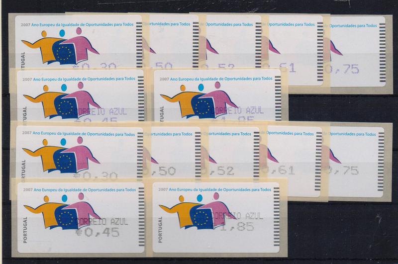 2427.jpg -     Lote:    2427      Lotes pelo Correio       Portugal       Descrição:         2007 &mdash; Ano Europeu da Igualdade. Máquina AMIEL. CE ETQ41. Lote de duas séries do correio normal + correio azul, uma com impressão a preto e outra a violeta. Valor facial 9,98. Valor de catálogo &euro; 26,00.         ETQ       Valor Base:     &euro; 10,00     Valor Venda:     &euro; 10,00       