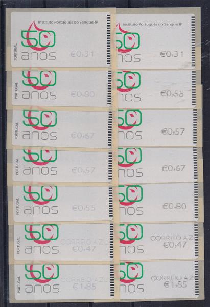 2436.jpg -     Lote:    2436      Lotes pelo Correio       Portugal       Descrição:         2008 &mdash; Instituto Nacional do Sangue. Máquina E-Post. CE ETQ45B. Lote de duas séries do correio normal + correio azul, uma com impressão a preto e outra a violeta + recibos. Valor facial 10,44. Valor de catálogo &euro; 24,00.         ETQ       Valor Base:     &euro; 12,00     Valor Venda:     &euro; 15,00       