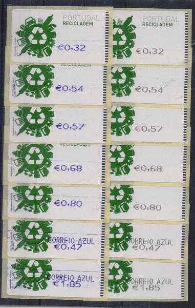 2442.jpg -     Lote:    2442      Lotes pelo Correio       Portugal       Descrição:         2009 - Reciclagem. Máquina SMD. CE ETQ47A. Lote de duas séries do correio normal + correio azul, uma com impressão a preto e outra a violeta + recibos. Valor facial 10,46. Valor de catálogo &euro; 22,00.         ETQ       Valor Base:     &euro; 12,00     Valor Venda:     &euro; 17,00       