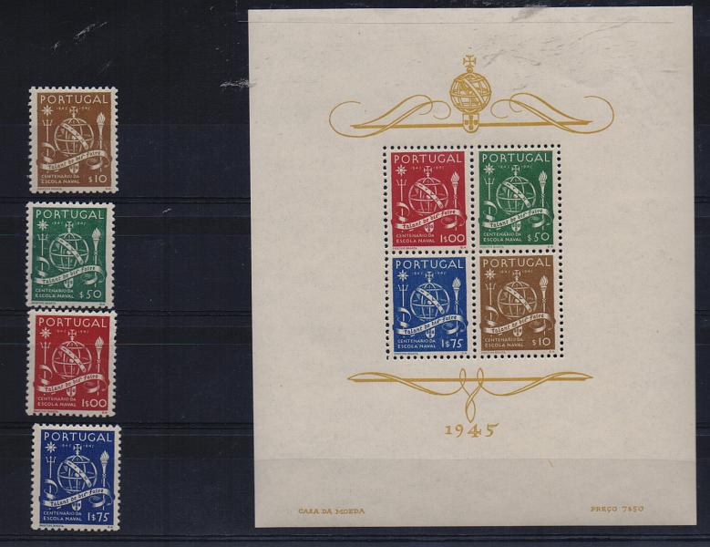 2459.jpg -     Lote:    2459      Lotes pelo Correio       Portugal       Descrição:         1945 &mdash; 1.º Centenário da Escola Naval. CE660/663. Série completa + bloco CE BLC9. Valor de catálogo &euro; 105,10.         BLC***       Valor Base:     &euro; 10,00     Valor Venda:     &euro; 14,00       