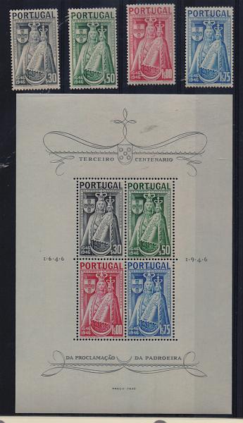 2463.jpg -     Lote:    2463      Lotes pelo Correio       Portugal       Descrição:         1946 &mdash; 4.º Centenário da Proclamação da Padroeira de Portugal. CE673/76. Série completa + bloco CE12. Valor de catálogo &euro; 151,85.         BLC***       Valor Base:     &euro; 15,00     Valor Venda:     &euro; 25,00       