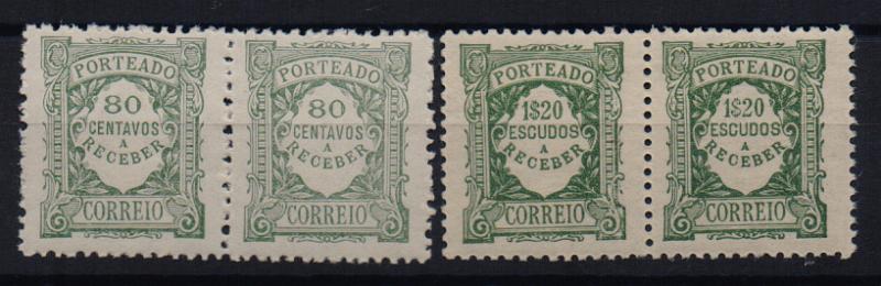 2482.jpg -     Lote:    2482      Lotes pelo Correio       Portugal       Descrição:         1922/27 &mdash; Porteado. Emissão regular. Unicolor. CE POR43/44. 80C e 1$20 verde. Lote de dois pares horizontais. Valor de catálogo &euro; 59,80.         ***       Valor Base:     &euro; 5,00     Valor Venda:     &euro; 5,00       