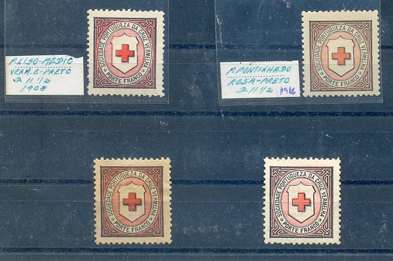 2486.jpg -     Lote:    2486      Lotes pelo Correio       Portugal       Descrição:         1890 &mdash; Porte Franco. Cruz Vermelha Portuguesa/Cruz da Convenção de Genebra. 4 selos CE1 em D. 11 &frac12; : P.liso-médio, vermelho e preto (1908); P. pontinhado, rosa-preto (1916);         ***/**       Valor Base:     &euro; 3,00      Valor Venda:     &euro; 12,00       