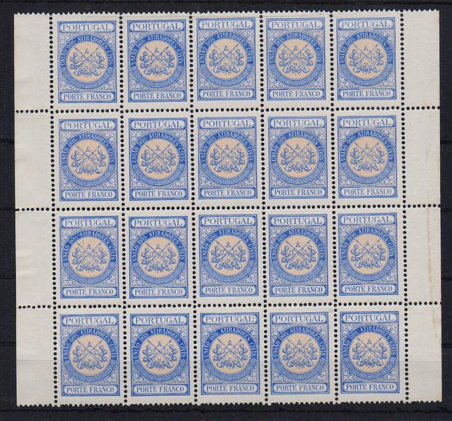 2492.jpg -     Lote:    2492      Lotes pelo Correio       Portugal       Descrição:         1902 &mdash; Porte Franco. União dos Atiradores Civis Portugueses. CE UACP8, ultramar e amarelo. Bloco de 20 selos. Valor de catálogo &euro; 60,00. .        *       Valor Base:     &euro; 8,00     Valor Venda:     Retirado     