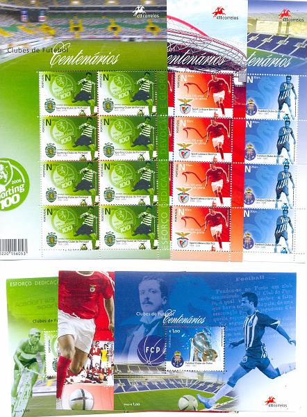 2495.jpg -     Lote:    2495      Lotes pelo Correio       Portugal       Descrição:         2005 &mdash; Grandes Clubes de Futebol Centenários, lote constituído por 1+1+1 folhas miniatura, CE26/27/28 e 1+1+1 blocos, CE326/327/328. Valor de catálogo &euro; 85,00.         BLC       Valor Base:     &euro; 10,00     Valor Venda:     &euro; 40,00       
