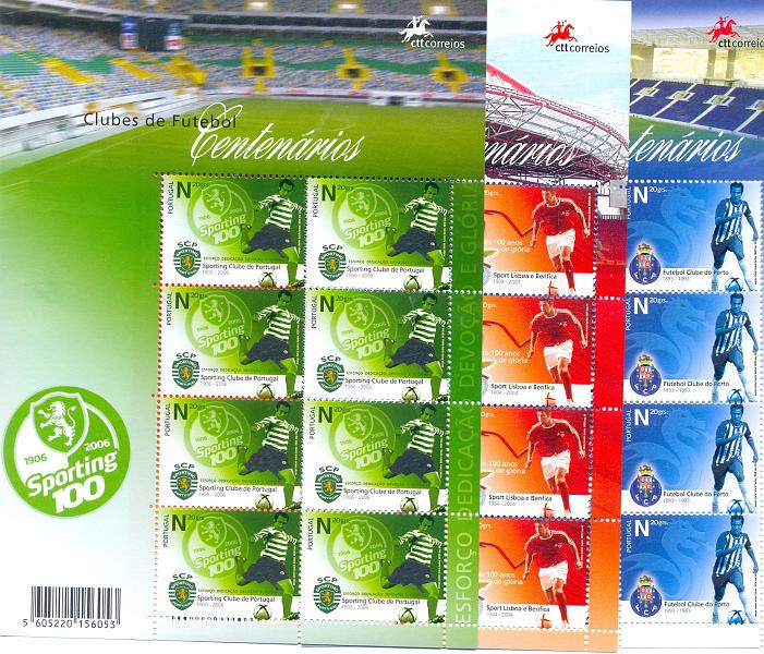 2498.jpg -     Lote:    2498      Lotes pelo Correio       Portugal       Descrição:         2005 &mdash; Grandes Clubes de Futebol Centenários, lote constituído por 2+2+2 folhas miniatura, CE26/27/28. Valor de catálogo &euro; 120,00.         BLC       Valor Base:     &euro; 20,00     Valor Venda:     &euro; 60,00       