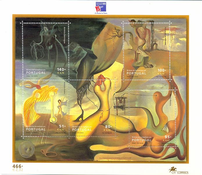2501.jpg -     Lote:    2501      Lotes pelo Correio       Portugal       Descrição:         1999 &mdash; 50 Anos do Surrealismo em Portugal, 2 blocos, CE218, com o logotipo da "Philex France 99". Valor de catálogo &euro; 14,00.         BLC       Valor Base:     &euro; 3,00     Valor Venda:     Retirado     