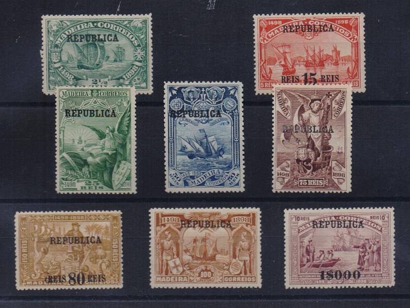 2512.jpg -     Lote:    2512      Lotes pelo Correio       Madeira       Descrição:         1898 &mdash; IV Centenário do Descobrimento do caminho Marítimo para a Índia. Selos da Madeira com sobrecarga REPUBLICA. CE198/205. Série completa. Selos regomados.         RG***       Valor Base:     &euro; 20,00     Valor Venda:     &euro; 23,00       