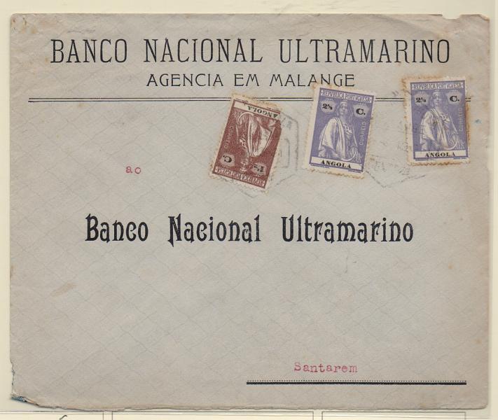 2518.jpg -     Lote:    2518      Lotes pelo Correio       Angola       Descrição:         1914 &mdash; Ceres. Sobrescrito circulado do Malange para Santarém (21.05.21) com selo de 1 &frac12; C CE145 e 2x2 &frac12; C CE147.         Carta       Valor Base:     &euro; 5,00     Valor Venda:     Retirado     