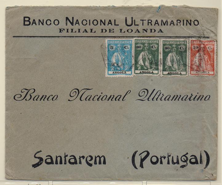 2519.jpg -     Lote:    2519      Lotes pelo Correio       Angola       Descrição:         1914/22 &mdash; Ceres. Sobrescrito circulado de Luanda para Santarém (22.04.21) com selo de 5C CE148 + 10C CE151 + 2x30C CE206.         Carta       Valor Base:     &euro; 6,00     Valor Venda:     Retirado     