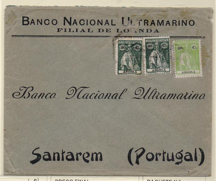 2523.jpg -     Lote:    2523      Lotes pelo Correio       Angola       Descrição:         1914/22 &mdash; Ceres. Sobrescrito circulado de Luanda para Santarém (08.03.21) com selo de 20C CE153 + 2x30C CE206.         Carta       Valor Base:     &euro; 6,00     Valor Venda:     Retirado     