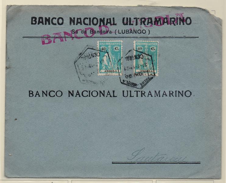 2524.jpg -     Lote:    2524      Lotes pelo Correio       Angola       Descrição:         1922 &mdash; Ceres. Sobrescrito circulado do Lubango (21.0727) para Santarém com dois selos de 40C CE207.         Carta       Valor Base:     &euro; 6,00     Valor Venda:     &euro; 6,00       