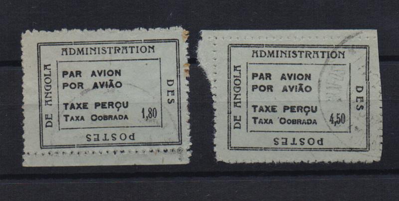 2528.jpg -     Lote:    2528      Lotes pelo Correio       Angola       Descrição:         1945 &mdash; Sobretaxa do Correio Aéreo. Legenda "TAXE PERÇUE / TAXA COBRADA". CE SCA3 e 6, 1$80 e 4$50. Valor de catálogo &euro; 9,00.         O       Valor Base:     &euro; 3,00     Valor Venda:     &euro; 3,00       