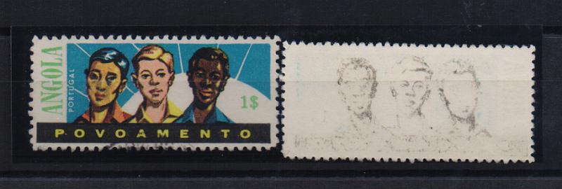 2529.jpg -     Lote:    2529      Lotes pelo Correio       Angola       Descrição:         1962 &mdash; Imposto Postal. Povoamento. Homens de 3 raças. CE IP16, 1$00. Selo com impressão no verso por contacto das efígies a preto.         O       Valor Base:     &euro; 3,00     Valor Venda:     Retirado     