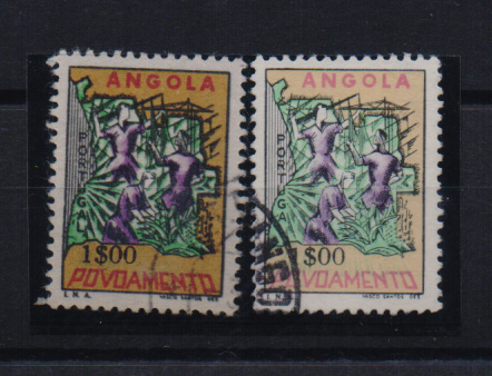 2530.jpg -     Lote:    2530      Lotes pelo Correio       Angola       Descrição:         1965 &mdash; Imposto Postal. Povoamento. Mapa de Angola. CE IP19, 1$00. Lote de dois selos com tonalidades de cor diferentes.         O       Valor Base:     &euro; 3,00     Valor Venda:     Retirado     